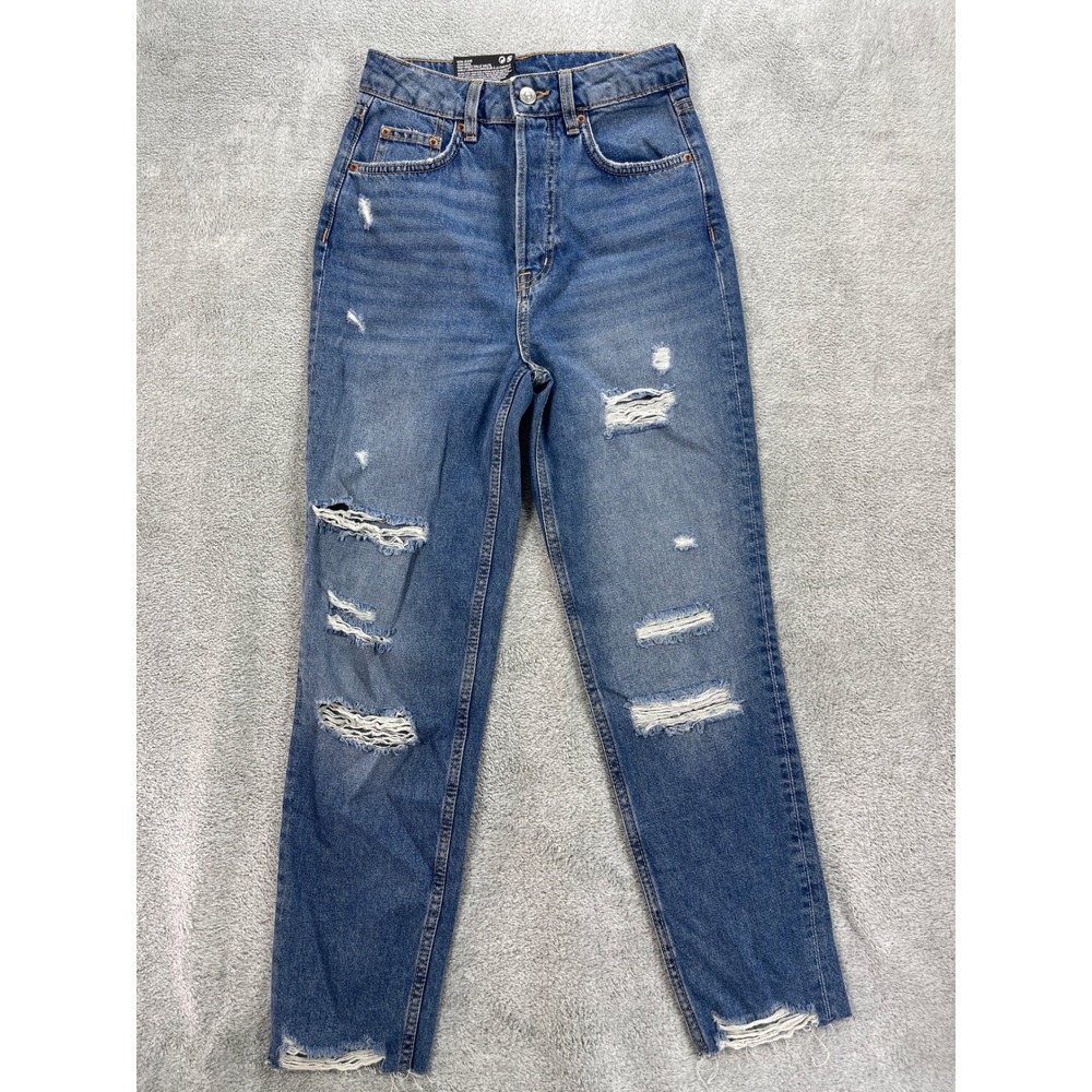 H&M Divided Jeans Women Size 0 Blue Mom Jeans High Waist Distressed Ankle Length